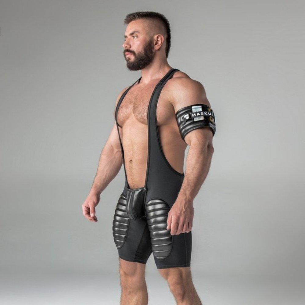 MASKULO Wrestling Singlet Open Rear, Detachable Codpiece,Thigh Pads, Black.XL=38
